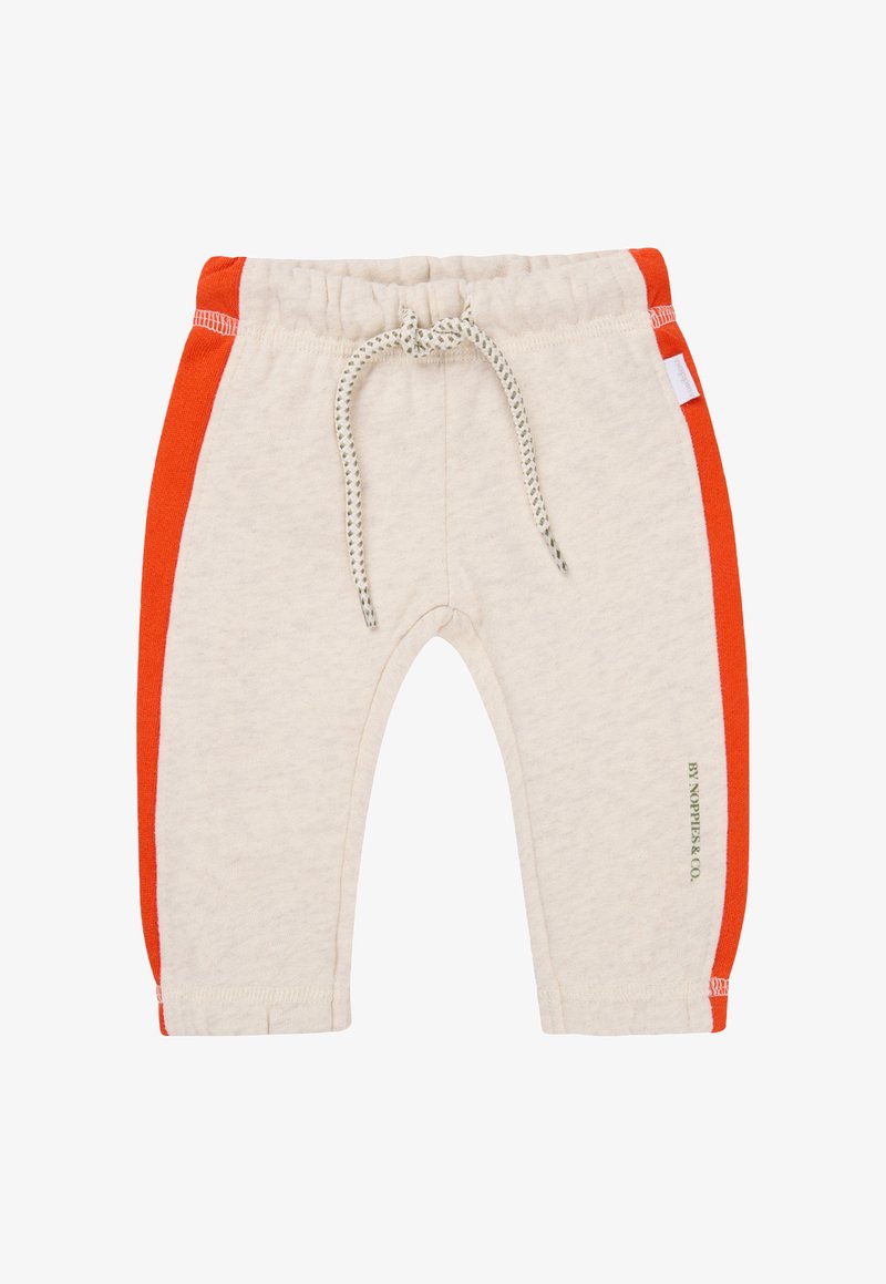 Helle beige Jogginghose mit orangenen Seitenstreifen, elastischem Bund und Kordelzug. Weiche Textur, figurnah geschnitten, mit einem kleinen Logodetail.