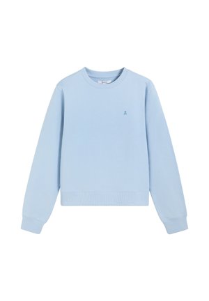 Sudadera de cuello redondo azul claro con mangas largas y pequeño logotipo de calavera bordado en el pecho izquierdo, puños y dobladillo acanalados.