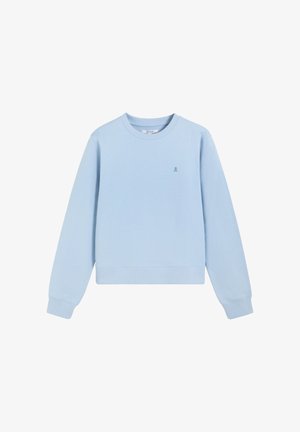 Sudadera de cuello redondo azul claro con mangas largas y pequeño logotipo de calavera bordado en el pecho izquierdo, puños y dobladillo acanalados.