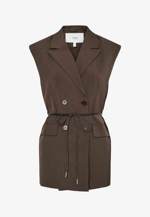 Blazer sin mangas marrón con un cuello estructurado, cierre de doble botón, bolsillos laterales y un cinturón de lazo. Fabricado en un tejido texturizado con sutiles rayas.