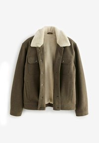 Braune Wolljacke mit einem cremefarbenen Fleecefutter und Kragen, zwei Brusttaschen und seitlichen Eingrifftaschen, Druckknopfschluss und robustem Design.