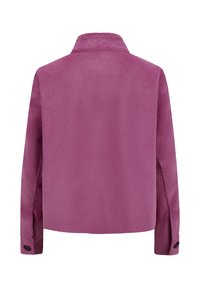 Back view of a long-sleeve, collar jacket in solid pink fleece fabric with buttoned cuffs on sleeves.