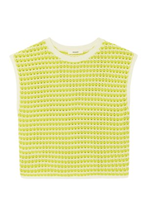 Gilet sans manches en maille avec motif gaufré jaune et blanc, col rond et ourlet droit, posé à plat sur fond blanc.