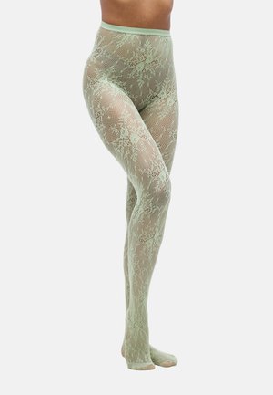 Collants en dentelle vert menthe avec un motif floral, taille haute et bout ouvert. Apparence texturée avec une finition délicate et transparente.