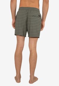 Pantaloni da bagno verdi con strisce orizzontali nere, vita elastica, tasche laterali e una tasca posteriore con etichetta del marchio.