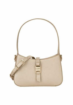 Borsa a mano in pelle beige con parte superiore curva, dettaglio fibbia dorata sul davanti, tracolla corta e tracolla regolabile a tracolla.