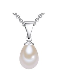 Collana con pendente a perla che presenta una perla bianca a forma di goccia, attaccata a una catena in argento con un gancio in metallo lucido.