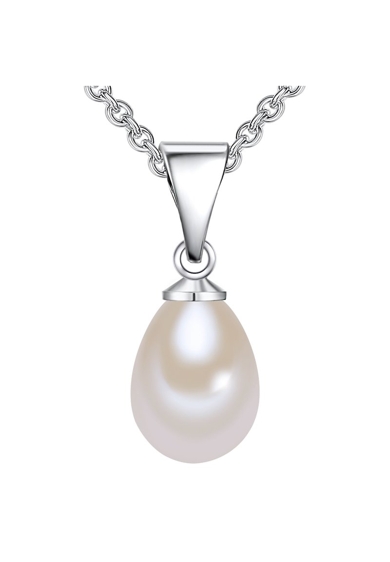 Collana con pendente a perla che presenta una perla bianca a forma di goccia, attaccata a una catena in argento con un gancio in metallo lucido.
