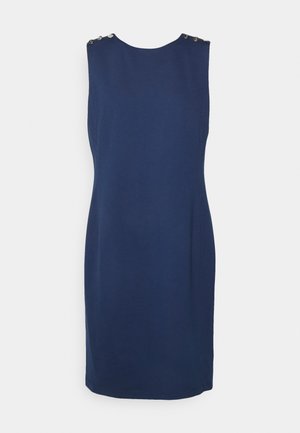 Navy blue sleeveless dress made of smooth fabric, featuring decorative silver buttons on the shoulders and a straight silhouette.