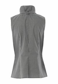 Black and white gingham sleeveless top with a high collar, featuring a fitted design and textured fabric, emphasizing a classic check pattern.