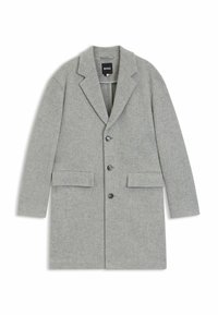Cappotto grigio in misto lana con collarino a punta, chiusura monopetto e due tasche frontali. Presenta bottoni a contrasto e una vestibilità rilassata.