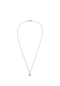 Sølv halskæde med en pink ædelsten pendant i firkantet snit, glat overflade og et enkelt, minimalistisk design.