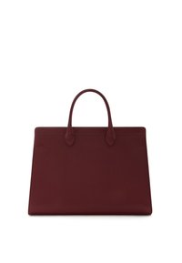 Burgundy leather tote bag with smooth texture, structured shape, double top handles, and minimalistic design. No visible hardware or accents.