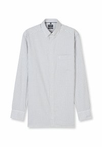 Kariertes Langarmhemd in Hellgrau mit blauen und roten Akzenten. Button-Down-Kragen mit einer Brusttasche. Baumwollmischgewebe.