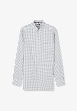 Kariertes Langarmhemd in Hellgrau mit blauen und roten Akzenten. Button-Down-Kragen mit einer Brusttasche. Baumwollmischgewebe.