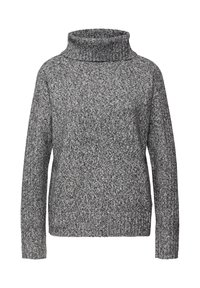 Grauer Rollkragenpullover mit strukturiertem Strickmuster, langen Ärmeln und lockerem Sitz. Gerippte Bündchen und Saum sorgen für Struktur.