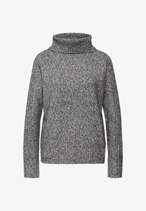 Pull à col roulé gris avec un motif tricoté texturé, manches longues et coupe décontractée. Poignets et ourlet côtelés pour plus de structure.