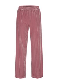 Rozā samta bikses ar platām kājām un elastīgu jostasvietu, ar sānu šuvēm un mīkstu tekstūru, izstrādātas komfortam un vieglai valkāšanai.