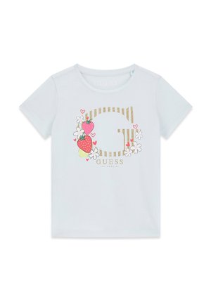 Biała koszulka z krótkim rękawem z błyszczącym złotym logo "G", ozdobiona truskawkami, białymi kwiatami, małymi czerwonymi serduszkami oraz napisem "GUESS Los Angeles".