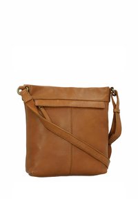 Borsa a tracolla in pelle marrone chiaro con patta pieghevole, parte superiore con zip e tracolla regolabile. Presenta una texture liscia e cuciture sobrie.