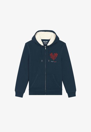 Felpa con zip color navy, dotata di cappuccio foderato in sherpa. Presenta un design a forma di cuore rosso composto da cuori più piccoli e la scritta "SWEET". Due tasche frontali.