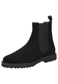 Schwarze Wildleder Chelsea-Stiefel mit elastischen Seiteneinsätzen und einer strukturierten Gummisohle. Verfügt über eine Fersenlasche für einfaches Anziehen. Flaches und schlankes Design.