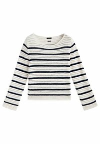 Pull en crochet avec un col bateau, présentant des rayures horizontales blanches et marines en alternance, des manches longues et une texture aérée.