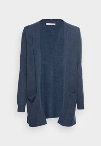 Marineblauer Cardigan aus weichem, strukturiertem Strickstoff. Offenes Design vorne mit langen Ärmeln und zwei vorderen Taschen.