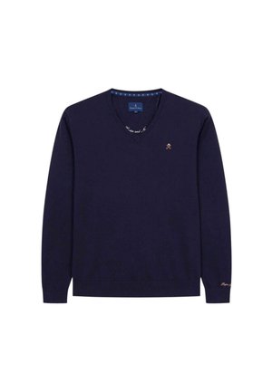 Marineblaues V-Ausschnitt-Pullover aus weichem Stoff mit gerippten Bündchen und Saum. Verfügt über ein kleines Logo auf der Brust und gestickte Details am Ausschnitt.