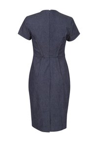 Denimklänning med korta ärmar, figursydd bodice och knälång kjol, med en bakre dragkedja, subtil textur och en mörkblå f ärg.