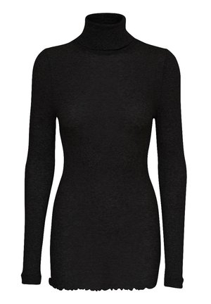 Musthave musta pikakätise turtleneck-sügisene särk, mis on valmistatud tekstureeritud kangast, omades mugavat krooni ja lainelist õmblust all.