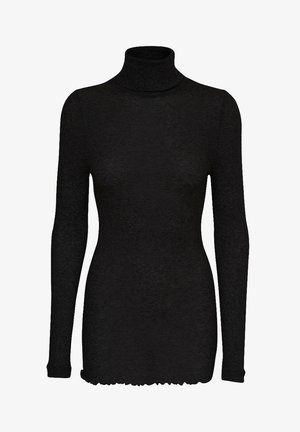 Melnas garām piedurknēm turtlenecka krekls, izgatavots no teksturēta auduma, ar pieguļošu formu un viļņotu apakšmalu.