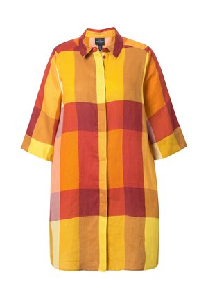 Kortærmet skjorte i ternet design med kraftige røde, orange, gule og brune farver. Lavet af letvægtsstof med knaplukning foran.