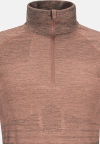 Long-sleeve, high-collar pullover in a muted pink-brown hue. Made from textured knit fabric with a central half-zip closure.