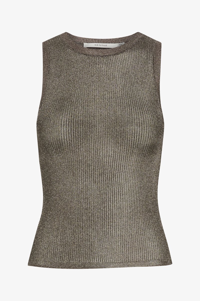 Débardeur en tricot métallique sans manches avec une texture côtelée. Présente une encolure ronde et une silhouette ajustée. Sa couleur est un bronze atténué.