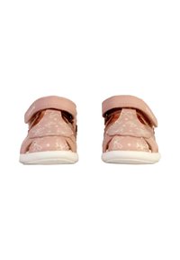 Scarpe da bambino rosa con motivo floreale, realizzate in materiale morbido, dotate di strappi in Velcro e suola in gomma bianca. Design open-toe.