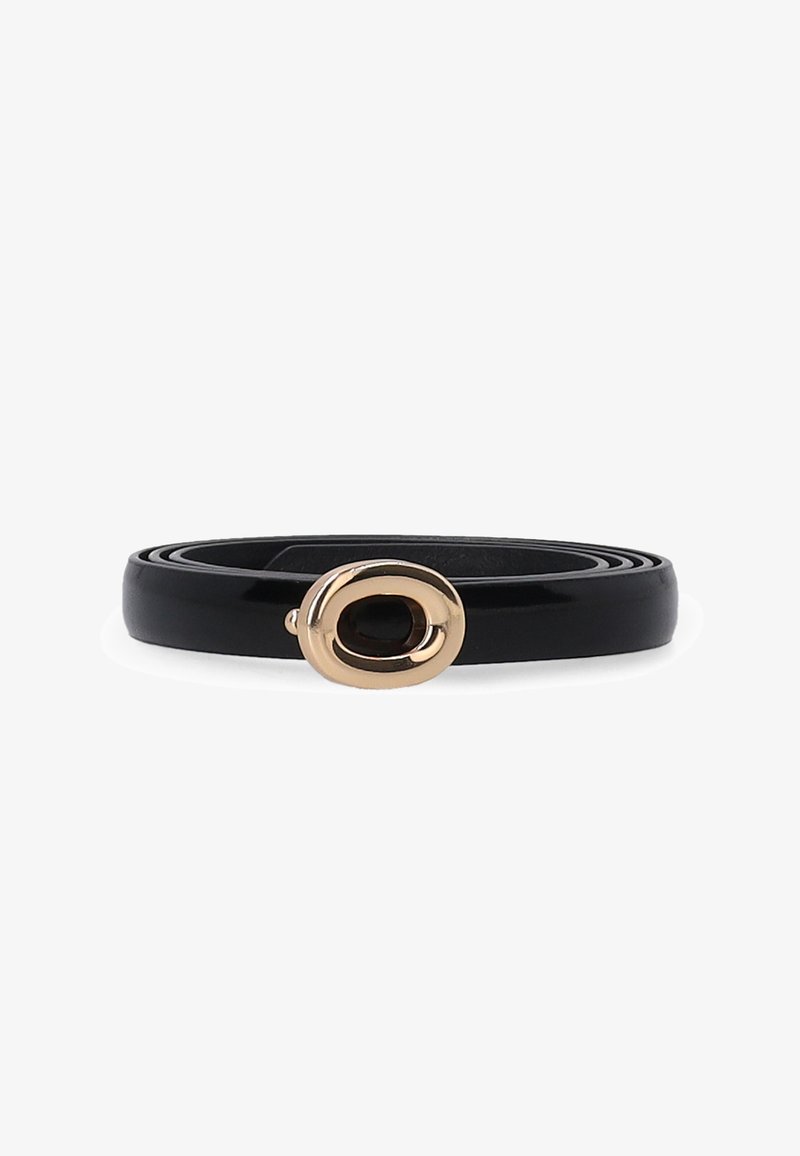 Black leather belt featuring a glossy finish, a gold metal buckle with an oval shape, and a small black accent in the center.