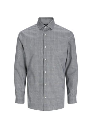 Graues Langarmhemd mit einem karierten Muster, Button-Down-Kragen und durchgehender Knopfleiste. Aus einem strukturierten Stoff gefertigt.