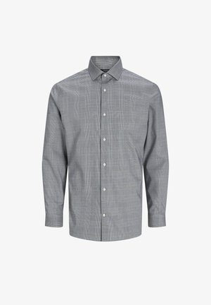 Graues Langarmhemd mit einem karierten Muster, Button-Down-Kragen und durchgehender Knopfleiste. Aus einem strukturierten Stoff gefertigt.