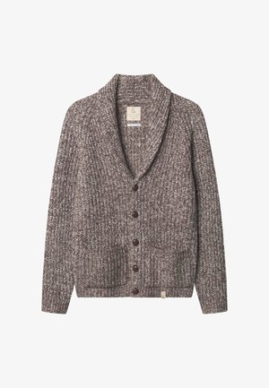 Brauner gestrickter Cardigan mit Schalkragen, fünf Knöpfen und zwei vorderen Taschen. Strukturiertens Material mit einer Mischung aus dunklen und hellen Fäden.