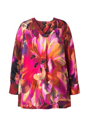 Farverig bluse med lange ærmer, prydet med et blomsterprint i pink, orange og lilla nuancer, med V-hals og en luftig pasform.