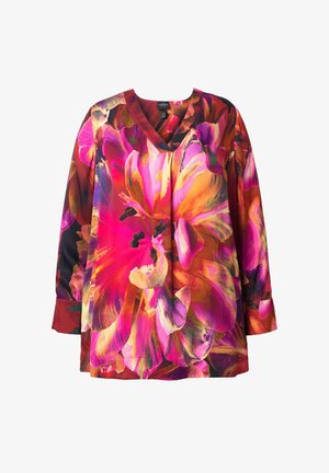 Levendige blouse met lange mouwen, voorzien van een bloemenpatroon in roze, oranje en paarse tinten, met een V-hals en een vloeiende snit.