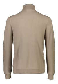 Beige Rollkragenpullover aus weichem Strickmaterial. Verfügt über einen schmalen Kragen und gerippte Bündchen an den Ärmeln und am Saum.