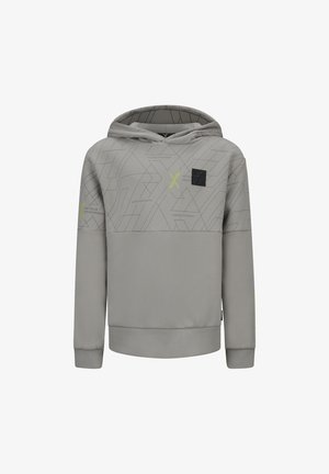 Gray hooded sweatshirt with geometric pattern and neon yellow accents. Features ribbed cuffs and hem, and a small logo patch on the chest.