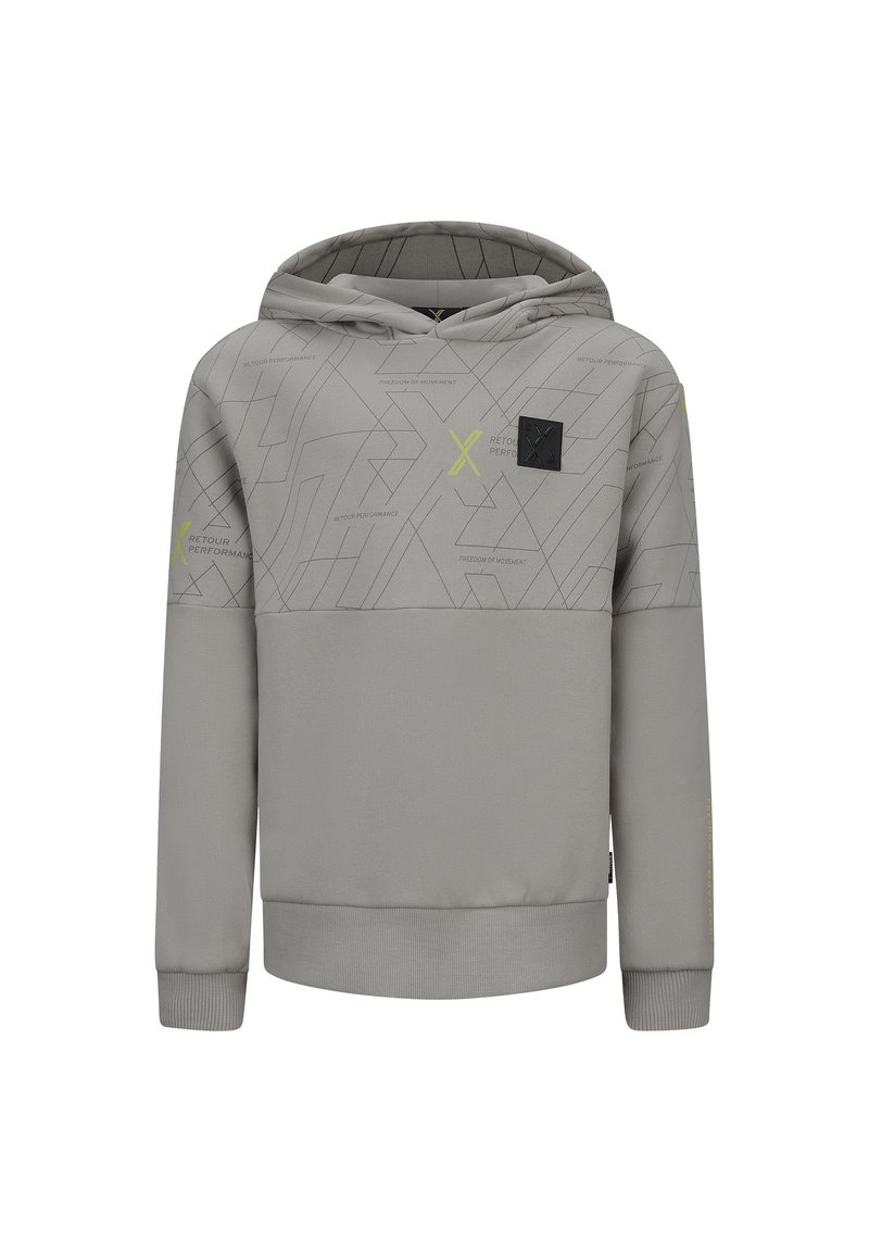 Felpa grigia con cappuccio, decorata con un motivo geometrico e dettagli in giallo fluo. Presenta polsini e orlo a costine, e una piccola toppa con logo sul petto.
