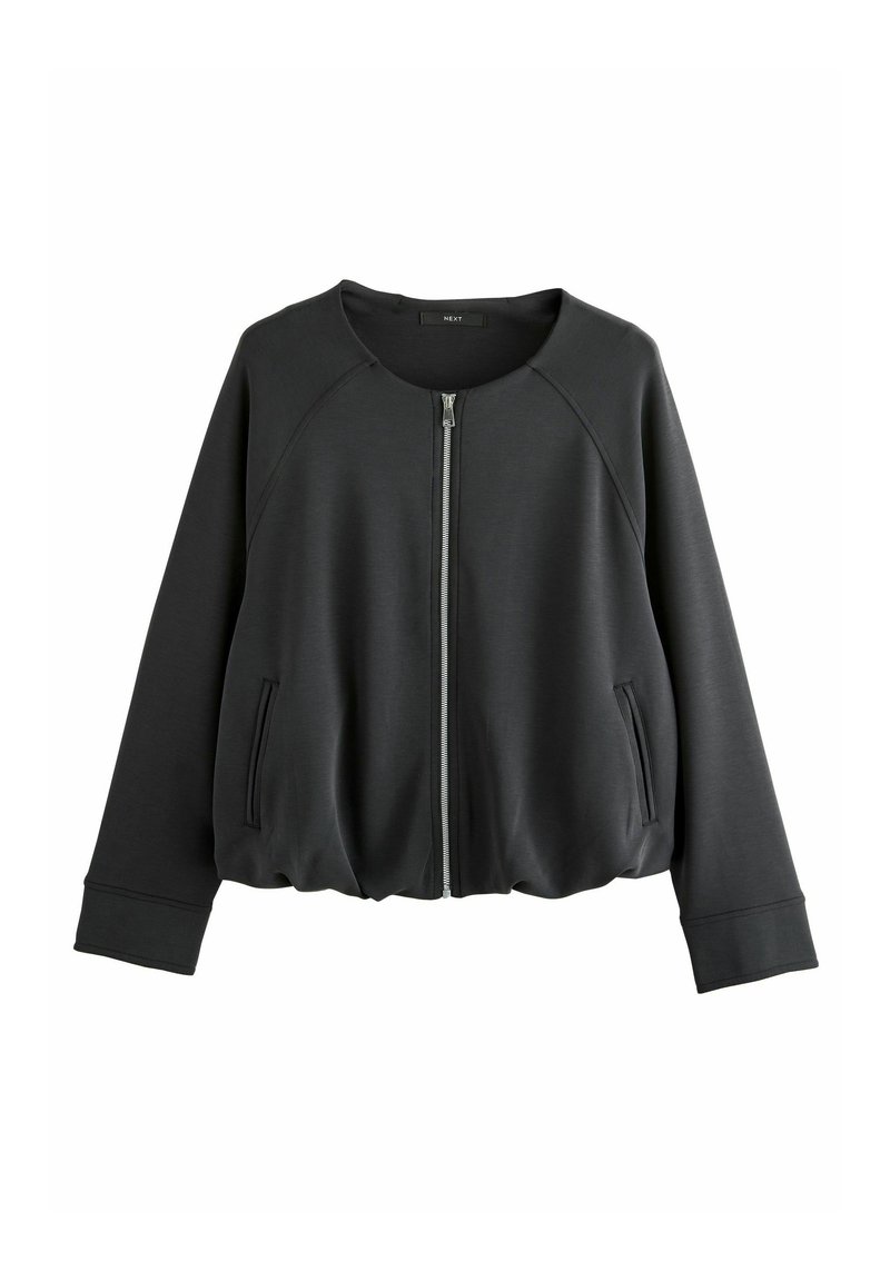 Schwarze Bomberjacke mit Reißverschluss vorne, rundem Ausschnitt, gerippten Bündchen und Seitentaschen. Hergestellt aus weichem, dehnbarem Stoff.