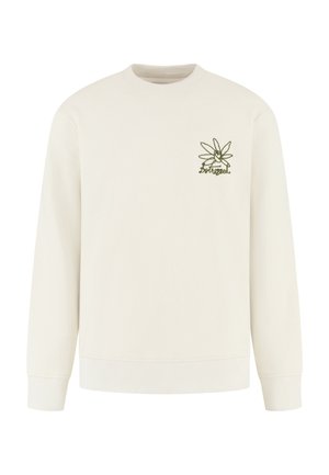 Kremowa bluza z długim rękawem i okrągłym dekoltem, z prążkowanymi mankietami i pasem dolnym, ozdobiona małym zielonym haftem kwiatowym i napisem na lewej piersi.