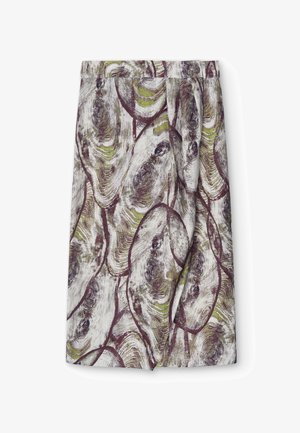 Rok tot op kniehoogte met een hoge taille, met een abstract houtnerfpatroon in groene, bruine en witte tinten.