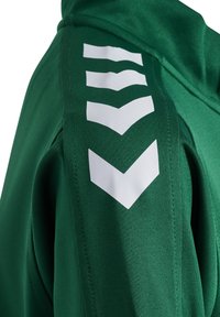 Groene sportjack met een gestructureerde stof en witte chevronaccenten langs de schouders. Heeft een hoge halslijn en de stiksels zijn zichtbaar.
