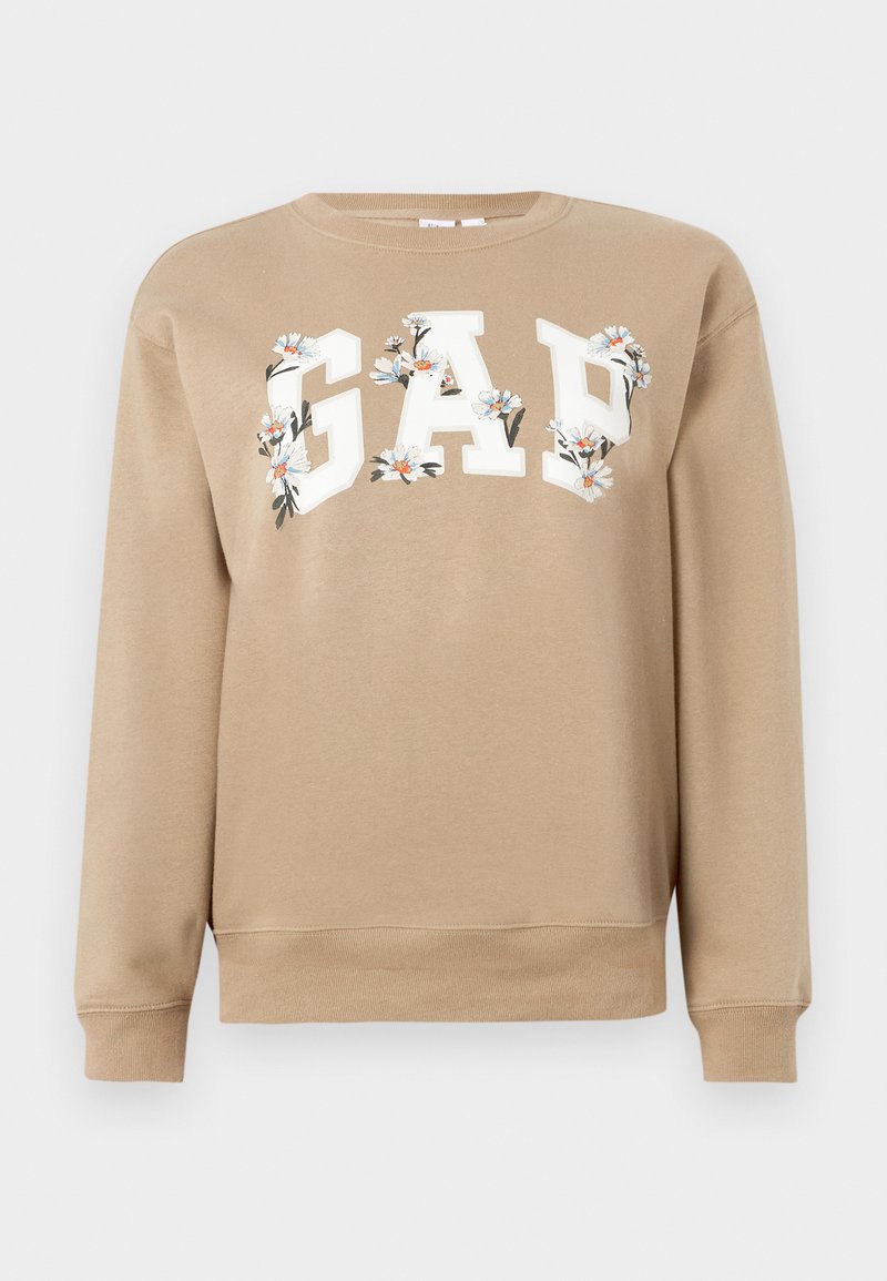 Sudadera beige con letras blancas "GAP" decoradas con diseños florales en blanco y naranja en el pecho, mangas largas, puños y dobladillo acanalados.